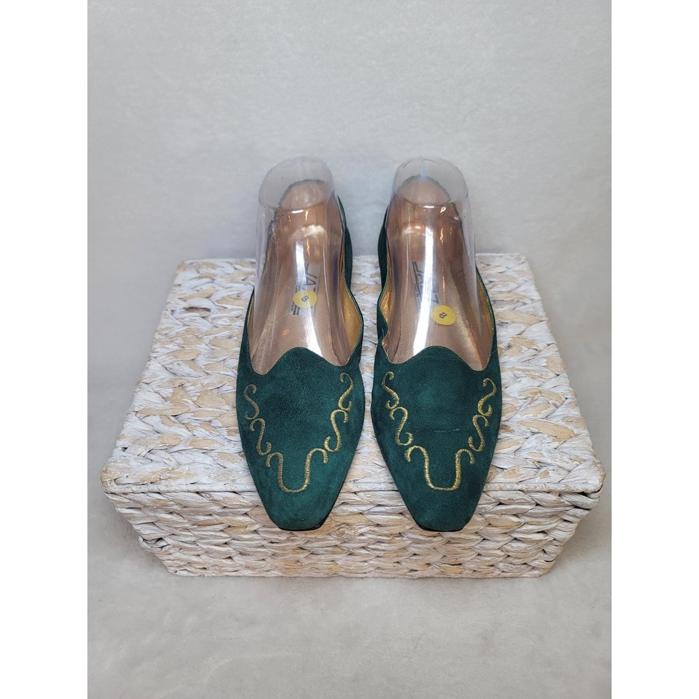 Vintage Jazz Festival Ballet Flats Green Suede Spain Gold Embroidered Size 7  N